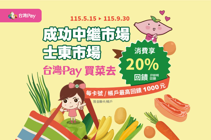 成功中繼市場、士東市場買菜去 台灣 Pay 樂享 20%回饋活動海報